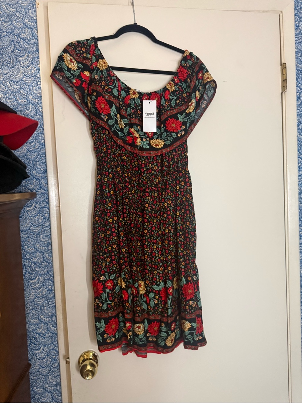 Choies Black Floral Off-Shoulder Midi Dress with Red and Green Accents